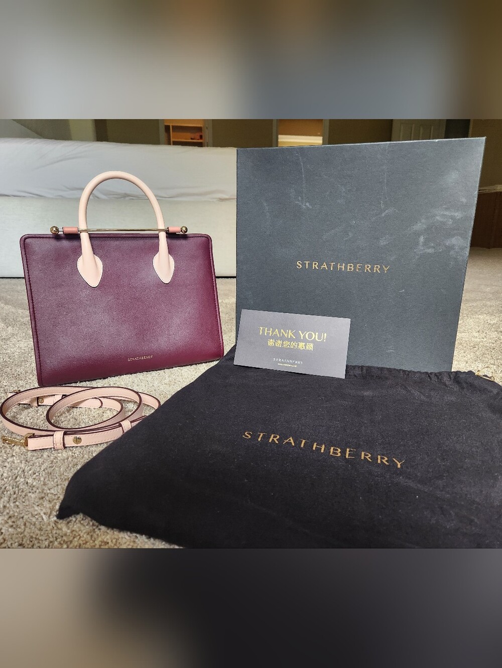 Strathberry Midi Tote - Full Set - Like New (Tri Color Burgundy/Pink/Rose) - Picture 2 of 14